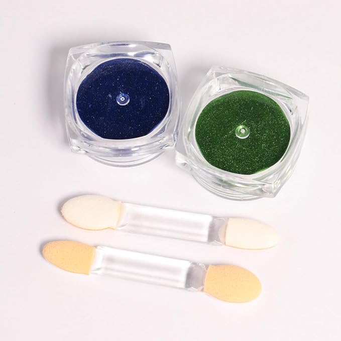 evpct 2Pcs Blue Green Metallic Mirror Effect Chrome Nail Powder Kit for Nails Polish Rainbow Holographic Iridescent Chameleon Neon Nail Pigment Mirror Chrome Nail Powder for Gel Nails Glitter