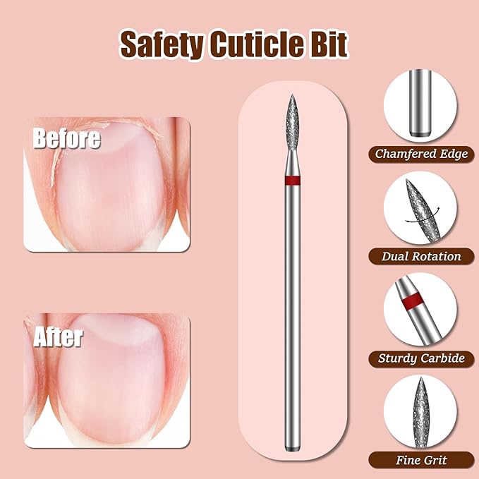 2mm Flame Shape Cuticle Clean Nail Drill Bit 3/32'', Professional Safety Carbide Diamond Under Nail Cleaner for Cuticle Dead Skin Nail Prepare, Two Way Rotate, Manicure Salon Supply (Sliver, Fine)