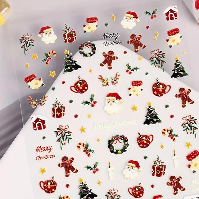 Christmas Nail Art Stickers Decals 5D Santa Claus Christmas Tree Nail Stickers 1PCS Self-Adhesive Santa Trees Gifts Holly Gingerbread Man Design Xmas Nails Adhesive Decals Supply for Women Girls