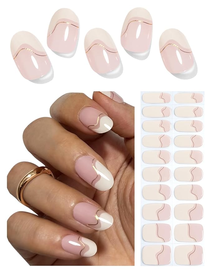 Semi Cured Gel Nail Strips, Irregular French, Gold Line 20pcs Gel Nails Sticker UV for Home Nails DIY