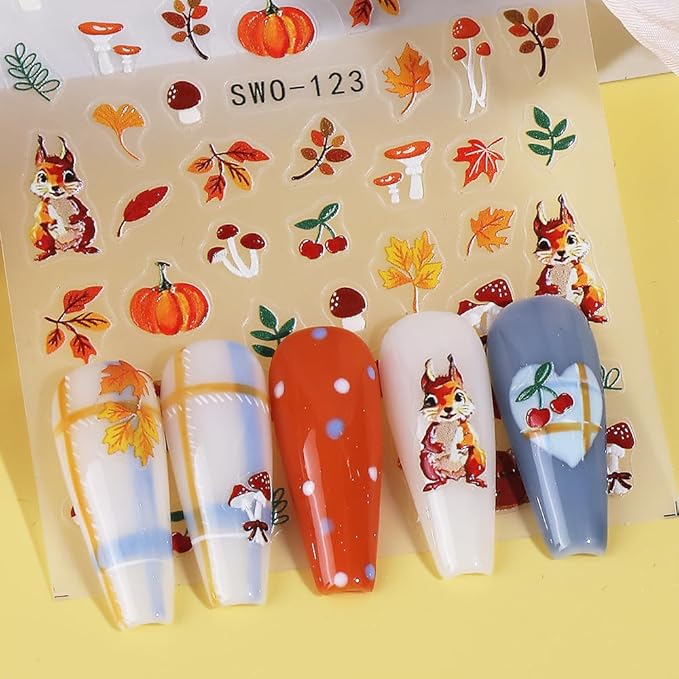 4Pcs Fall Nail Stickers 3D Pumpkin Maple Leaves Thanksgiving Nail Decals Orange Tree Nail Art Stickers 5d DIY Self Adhesive Nail Design Decoration