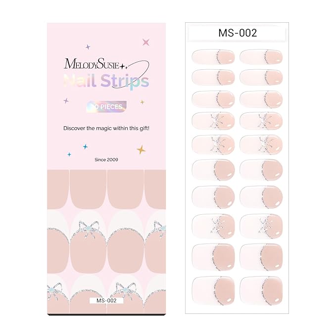 MelodySusie Semi Cured Gel Nail Strips (White Bow French Tips), Works with Nail Lamp, Salon Quality, Long Lasting, Easy to Apply and Remove, Includes 20Pcs, 2 Prep Pads, Nail File and Wooden Stick