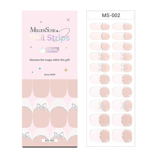 MelodySusie Semi Cured Gel Nail Strips (White Bow French Tips), Works with Nail Lamp, Salon Quality, Long Lasting, Easy to Apply and Remove, Includes 20Pcs, 2 Prep Pads, Nail File and Wooden Stick