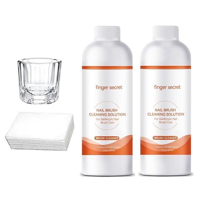 2PCS Finger Secret Nail Brush Cleaner- Professional Nail Art Brush Cleaning Solution. Nail Brush Cleaner Liquid Ideal for Nail Salon At Home. 2 * 120ml with Glass Cup and 50 Cotton Pads