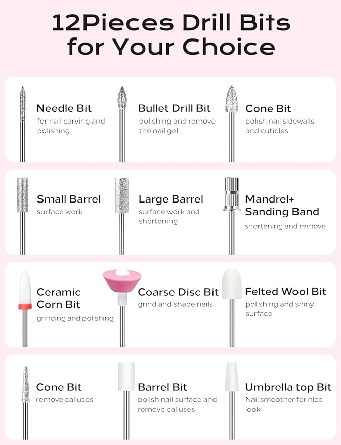 Electric Nail Drill Professional Kit: 45,000 RPM USB Rechargeable Efile Nail Drill Nail File with 12 Bits for Polishing Gel/Acrylic Nails- Portable Manicure Tool Set for Salon/Home-Pink