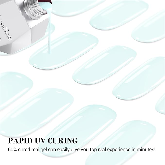 MelodySusie Semi Cured Gel Nail Strips (Light Blue), Works with Nail Lamp, Salon Quality, Long Lasting, Easy to Apply and Remove, Includes 20Pcs, 2 Prep Pads, Nail File and Wooden Stick