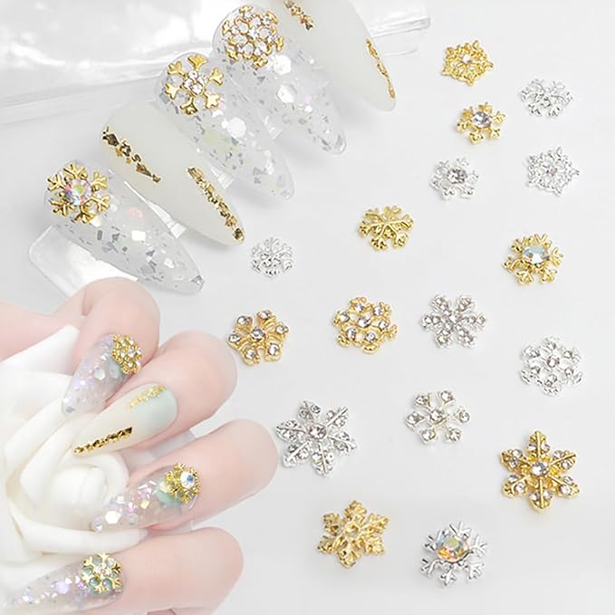 Christmas Nail Charms Supply 20pcs Gold Silver Mix Snowflake Art Charms With Diamond Design Winter Xmas Snowflakes Jewelry for Women Girls DIY Manicure Tips Christmas Nails Decoration