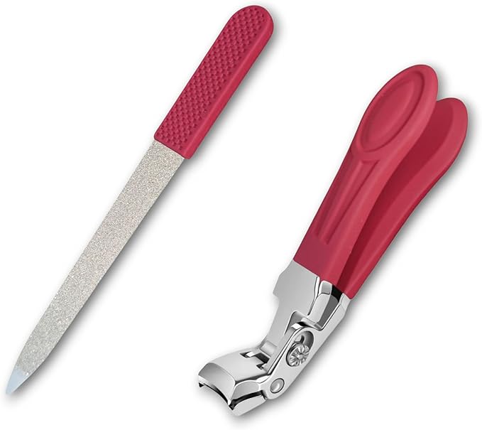Professional Ruby Red Angled Nail Clippers for Seniors – 5'' Elegant Thick Toenail Clipper with Nail File, Ultra-Sharp Blades, Nail Catcher, Easy Grip & Safe Home Manicure & Pedicure Care Tool