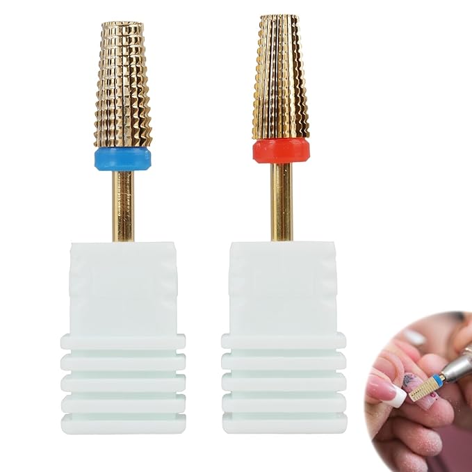 2 Pcs 3/32" 5 in 1 Professional Carbide Nail Drill Bits Sets with Case, 2 Pack Tungsten Safety Drill Bits Tech Cuticle Bit Fast Remove for Manicurist Nail Salon Manicure Pedicure Gel Polishing (Gold)