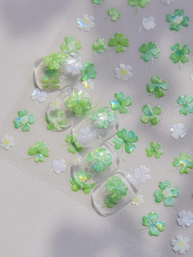 Clover Nail Stickers 5D Embossed – Premium Salon-Quality Nail Charm Accessories, Easy Application & Self-Adhesive Spring Green Lucky Four Leaf for DIY Manicure, Nail Art, Press on, Home or Salon Use