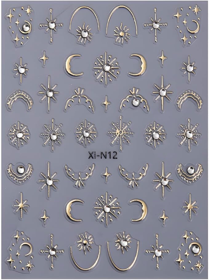 Gold Star Nail Art Stickers Decals Moon Nail Decals 5D Embossed Glitter Rhinestones Nails Design Stickers Gold Nails Supplies for Women Nail Art Decorations