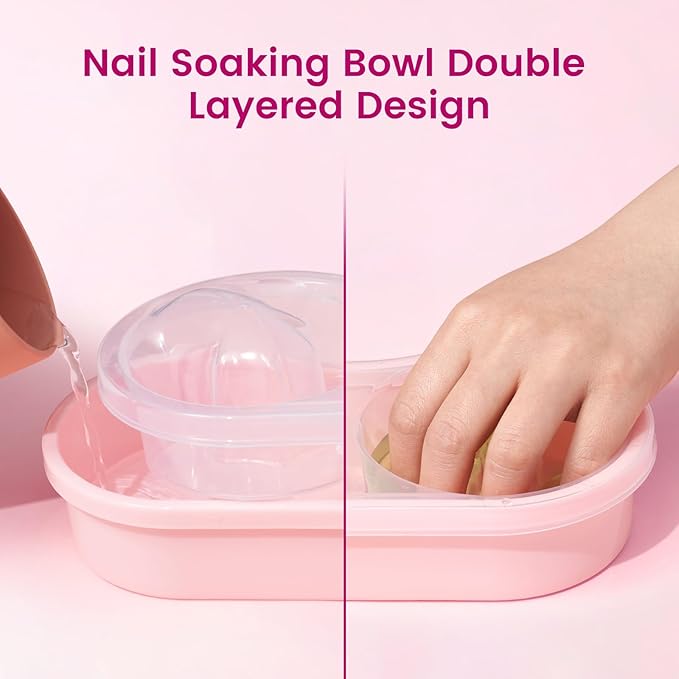 Quaferen Dual Nail Soaking Bowl: 2-in-1 Nail Polish Remover Manicure Bowl Acetone Proof for Women, Time-Saving Soak Off Acrylic Nail Removal Kit for Salon Home (Normal Size, Pink)
