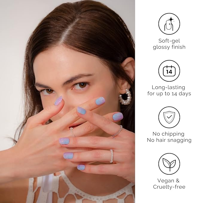 NAILOG Semi Cured Gel Nail Strips 20 Pcs | Buy 2 Get 1 UV Lamp | Extra Long Nail Wraps with Glossy Finishing | Star Kisses