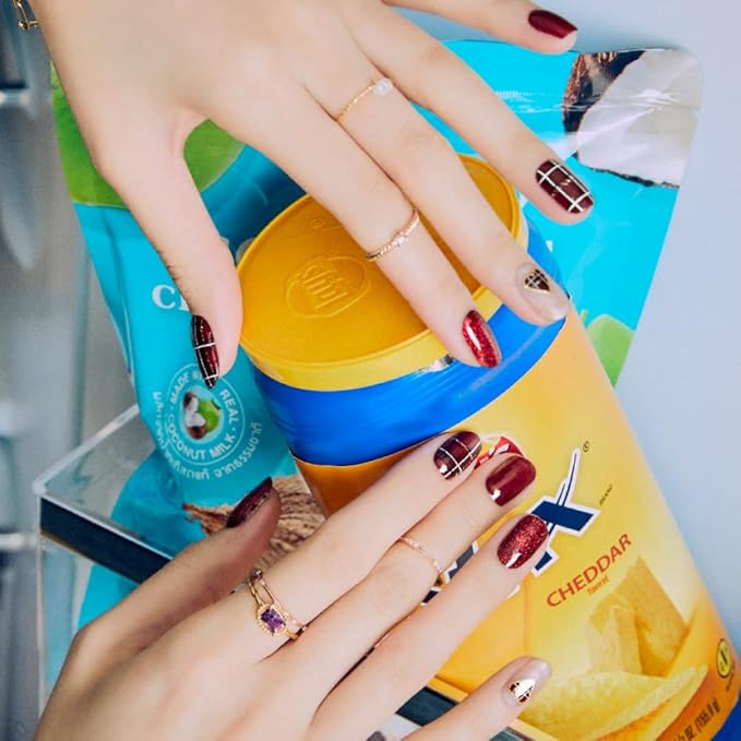 ohora Semi Cured Gel Nail Strips (N Tartan Bustier) - Red, Patterned, Works with Any UV/LED Lamps, Salon-Quality, Long Lasting, Easy to Apply & Remove - Includes 2 Prep Pads, Nail File & Wooden Stick
