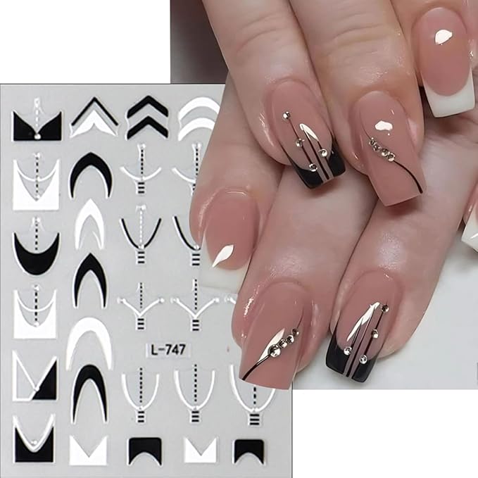 6Pcs French Tip Nail Stickers 3D Self Adhesive Black White French Nail Decals French Butterfly Flower Line Nail Design Stickers Irregular Geometry Pattern Curve Lines Tip Nail Decoration for Women