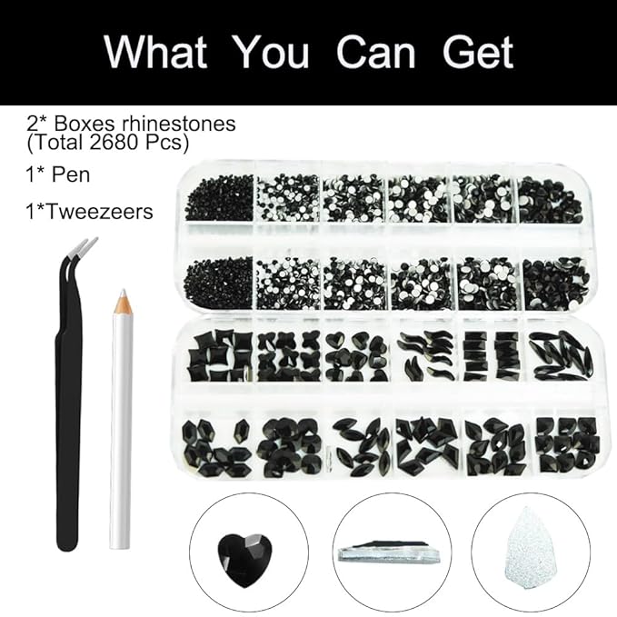 2680Pcs Black Rhinestones Nail Gems, 120pcs Big Black Nails Charms with Bling Flatback Round Beads, Light Black Clear Diamond Stones Jewelry Supplie for DIY Face Eyes Makeup Crafts Decoration
