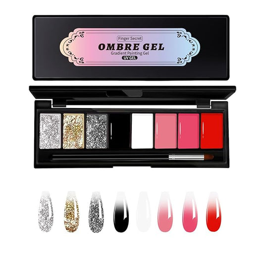 Finger Secret 8 Colors Ombre Gel Pat Nail Polish Set,Ombre Pigment for Nails,Gradient Painting Gel with 50Pcs Nail Sponges for 3D Gels Nail Art can be Painted in Salon or Home Use