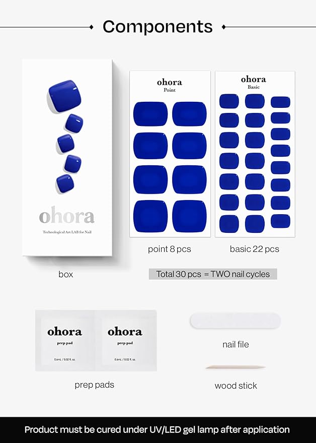 ohora Semi Cured Gel Pedi Strips (P Cobalt Blue) - Blue, Solid, Works with Any UV/LED Lamps, Salon-Quality, Long Lasting, Easy to Apply & Remove - Includes 2 Prep Pads, Nail File & Wooden Stick