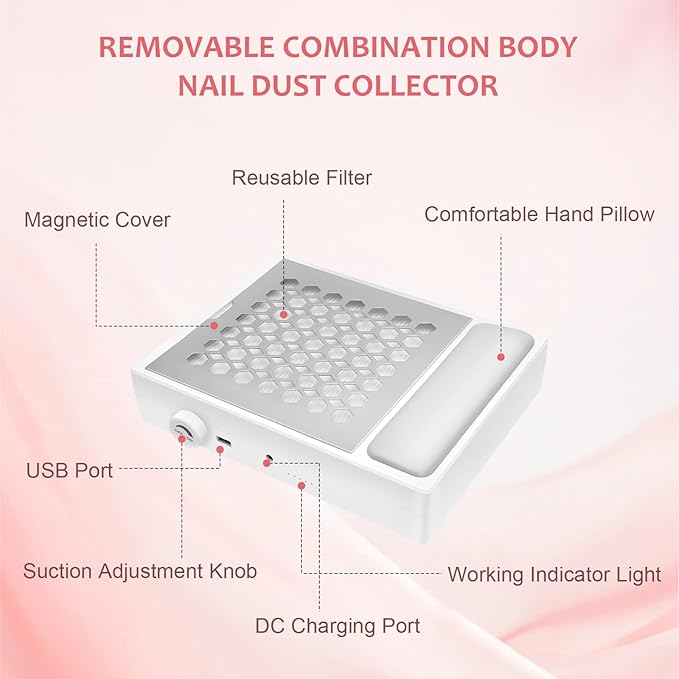 FAHKNS Nail Dust Collector for Nail Tech & Acrylic Nail Polishing, Adjustable Speed Nails Extractor Vacuum, Powerful Vacuum Fan, Low Noise, Reusable Filter & Magnetic Detachable Nail Salon