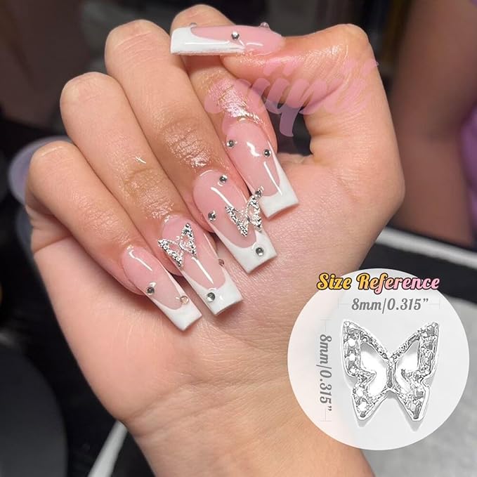 60pcs Silver Butterfly Nail Charms Bulk3D Butterflies Charms for Acrylic Nails, Nail Alloy Studs Charms Nail Art Jewels Decoration Supplies Accessories for Nails Face Makeup Body DIY Crafts