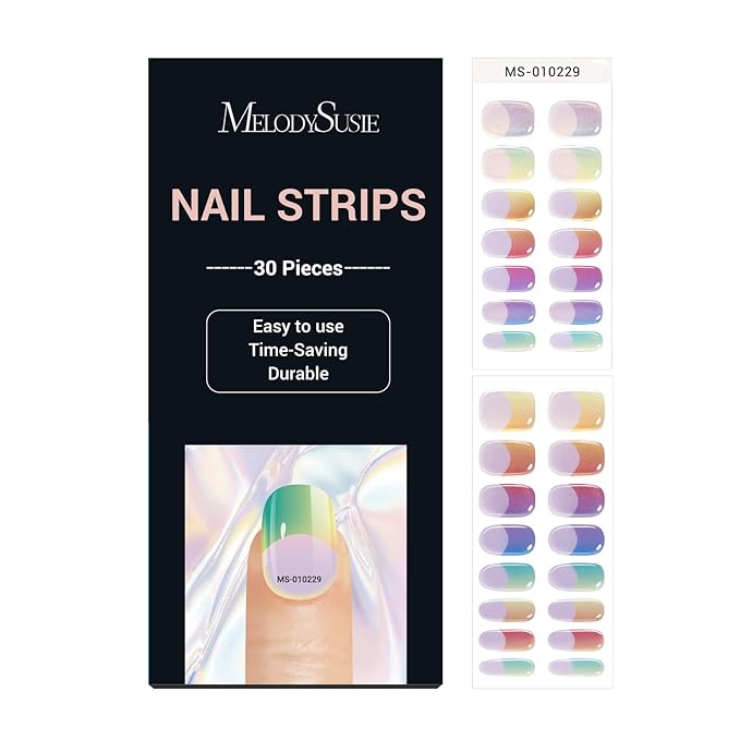 MelodySusie 30PCS Semi Cured Gel Nail Strips (Rainbow Chrome French Tips), Works with Nail lamp, Salon Quality, Long Lasting, Easy to Apply and Remove, Includes 2 Prep Pads, Nail File and Wooden Stick