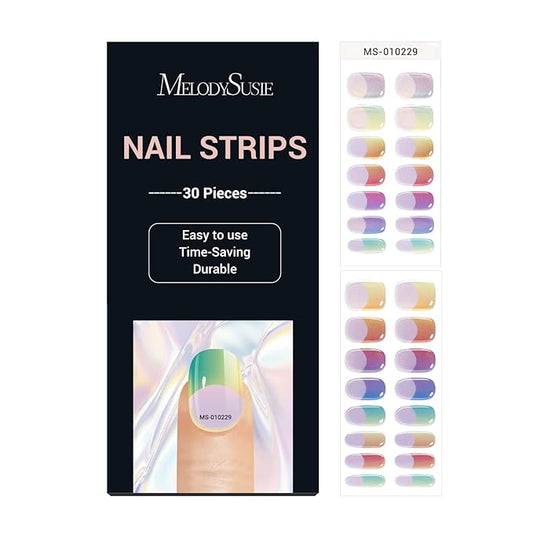 MelodySusie 30PCS Semi Cured Gel Nail Strips (Rainbow Chrome French Tips), Works with Nail lamp, Salon Quality, Long Lasting, Easy to Apply and Remove, Includes 2 Prep Pads, Nail File and Wooden Stick