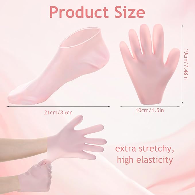 4Pairs Silicone Socks Gloves Set for Dry Cracked Feet and Hands, Anti Slip Soft Feet Moisturizer Socks Moisturizing Gloves for Softening, Care After Pedicure (Pink, Nude)