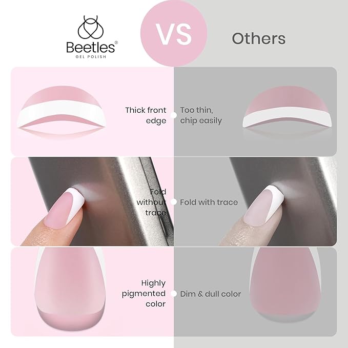 Beetles X Press Plus French Tip Nails - Peach French | Pink Extra Short Square Press On Nails | 15 Sizes 210 Pcs Natural Salon Quality Gel Nail Tips