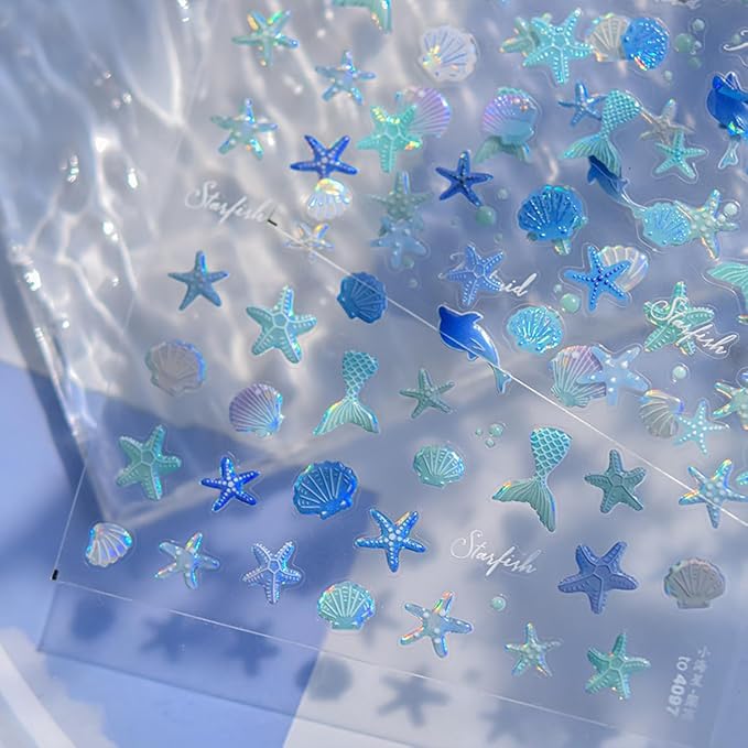 Summer Nail Art Stickers 5D Embossed Shell Starfish Nail Stickers Cute Dolphin Mermaid Nails Art Design Ocean Sea Theme Nail Decals Self Adhesive Nails Supplies for Women Manicure Decoration
