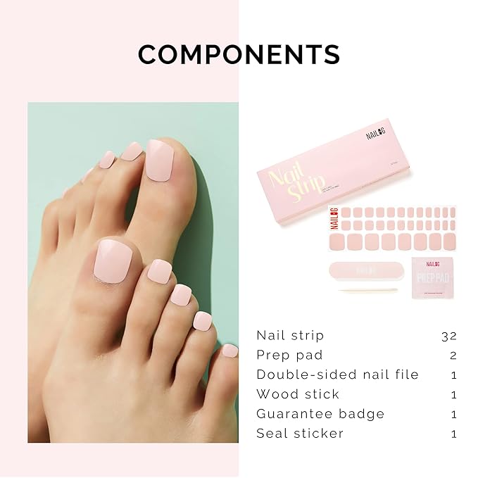 NAILOG Semi Cured Gel Nail Strips, Toe Nail Polish Strips with Glossy Gel Finishing | Buy 3 Get 1 UV Lamp| 32 Pieces Long Lasting Pedi Stickers | Dusty Rose