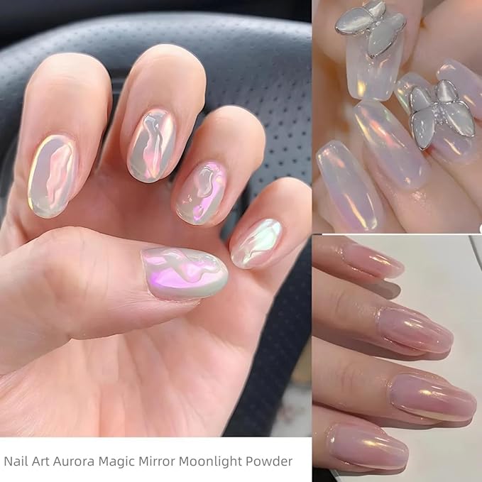 6 Colors White Pearl Chrome Nail Powder Mirror Effect Aurora Magic White Pearlescent Chrome Powder for Gel Nails, Iridescent Nail Powder Glitter for Nail Art Decoration