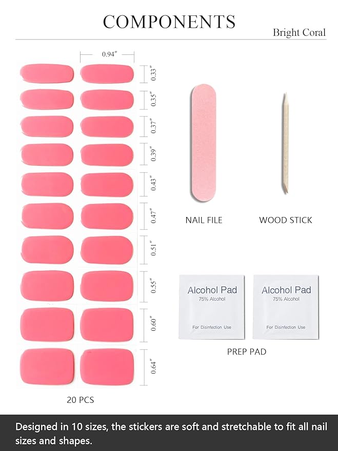 Semi Cured Gel Nail Strips (Bright Coral), 20 Pcs Gel Nail Wraps, Stickers, UV Light Required, Salon Quality, Long Lasting
