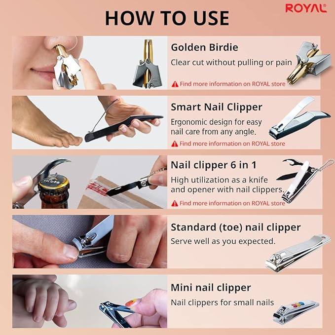 ROYAL [Made in Korea] NO Battery,5 Pcs Nose Hair Trimmer Set, Golden Birdie Value Pack,(Nose Hair Trimmer with 4 Nail Clippers) The Best Gift for Family, (Gold&Black)