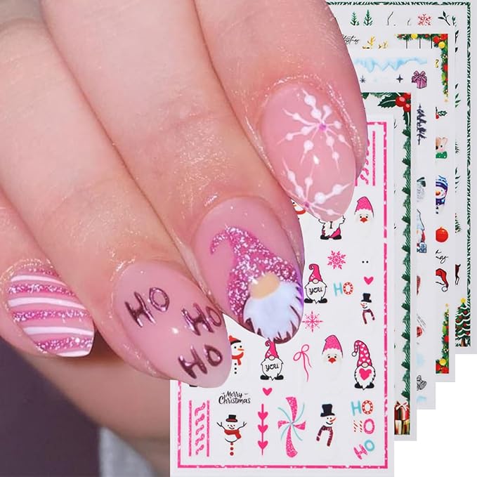 5 Sheets Christmas Nail Art Stickers Elk Nail Decals with Cartoon Xmas Tree Santa Claus Snowman Design 3D Self-Adhesive Nail Stickers Acrylic Nail Supplies for Women DIY Christmas Decorations