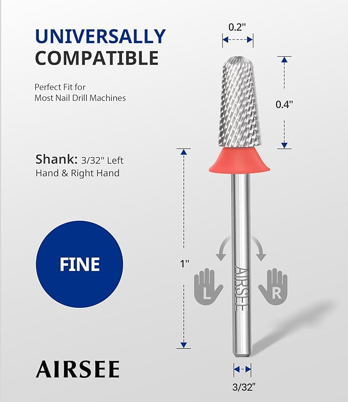 AIRSEE Tungsten Carbide Acrylic Nail Drill Bit Efile Electric File Machine Head Tip for Manicure Polishing Art Remove Gel 3/32" 2 Way Safety Use Big Ball Top Tapered Bit Plus Cone Shape Fine-F