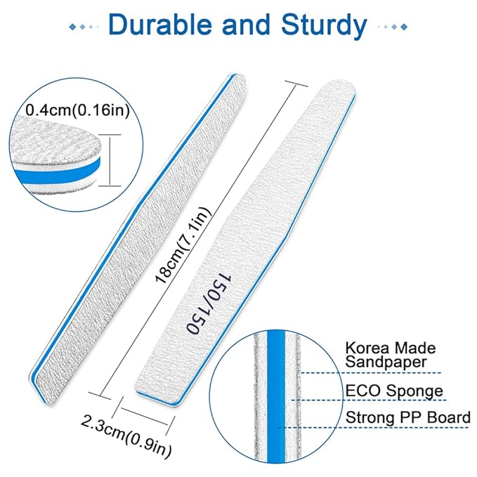 Nail Files 150/150 Grit, 12pcs for Poly Extension Gel, Emery Boards for Acrylic and False Nails, Coarse Manicure Pedicure Tools for Home Salon