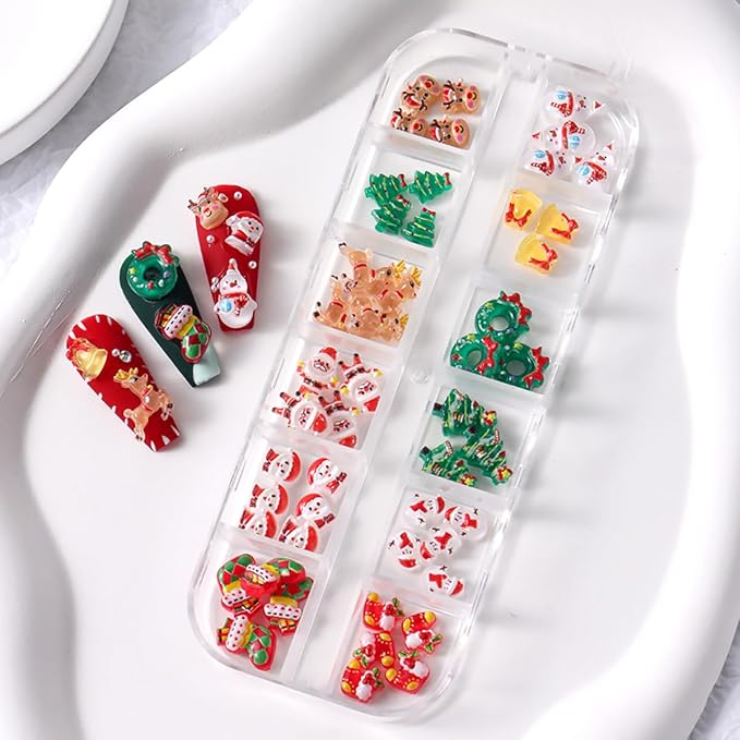 50pcs Christmas Nail Charms: 3D Mix Colorful Reindeer, Snowman, Santa Claus, Bell Nail Rhinestones for Women Xmas DIY