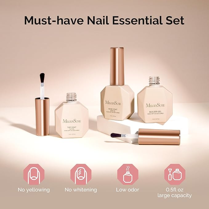 MelodySusie No Wipe Glossy Top Coat Base Coat Builder Gel 019 Set Long Lasting Shine Finish Soak Off UV LED Nail Lamp Nail Art Design Manicure Kit Perfect Gifts for Women Girls 3 Pcs 15ml