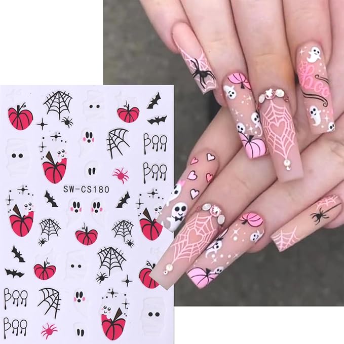 6 Sheets Halloween Nail Art Stickers,3D Cute Nail Decals White Ghost DIY Nail Tips Sticker for Halloween Party, Skull Pumpkin Star Ghost Bat Spider Web Self-Adhesive Designs Manicure Decorations