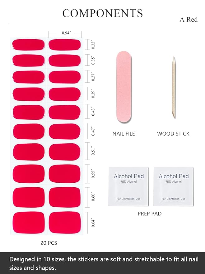 Semi Cured Gel Nail Strips (A Red), 20 Pcs Gel Nail Wraps, Stickers, UV Light Required, Salon Quality, Long Lasting