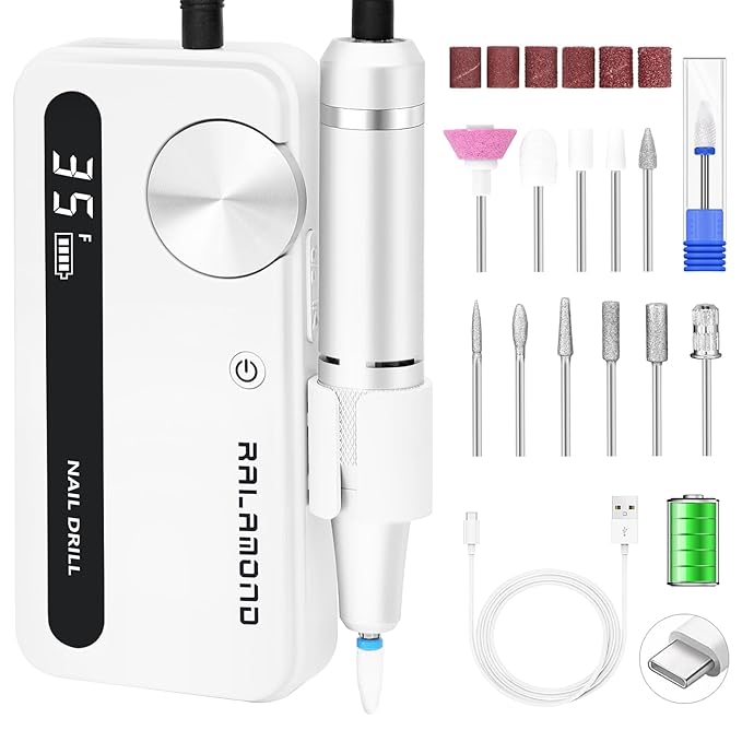 Professional Nail Drill, 35000RPM Electric Nail File, Rechargeable Cordless Machine, Nail Drill Kit with Bits, Portable Electric Nail Filer Manicure Pedicure (White)