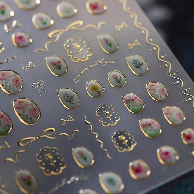 Flower Nail Art Stickers Decals 5D Embossed Jelly Flowers Nail Decals 1PCS Hot Stamping Tulip Gold Edge Rose Bow-knot Lily Leaf Flower Design Nails Adhesive Stickers for Women DIY Nail Art Decorations