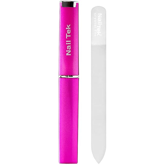 Nail Tek Crystal File - Glass Nail File with Case, Durable and Gentle for Healthy Nails and Cuticles - Travel-Friendly Design, Fuchsia, Medium 5"