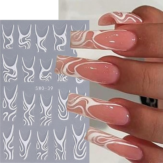 Line Nail Stickers 3D Self Adhesive Nail Art Stickers French Nail Decals Irregular Lines Black White Heart Design Cute Nails Sticker for Nails Art for Women Decoration Salon Manicure Supplies