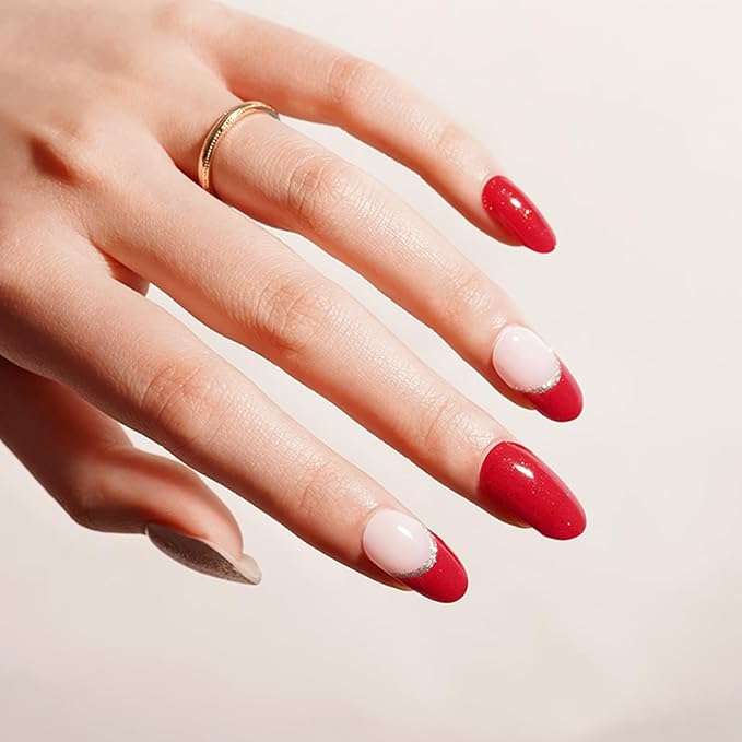 Semi Cured Gel Nail Strips, 20pcs Glittery Red Gold Gel Nail Stickers - Works with Any UV Lamps, Long Lasting Full Wraps, Easy to Apply and Remove