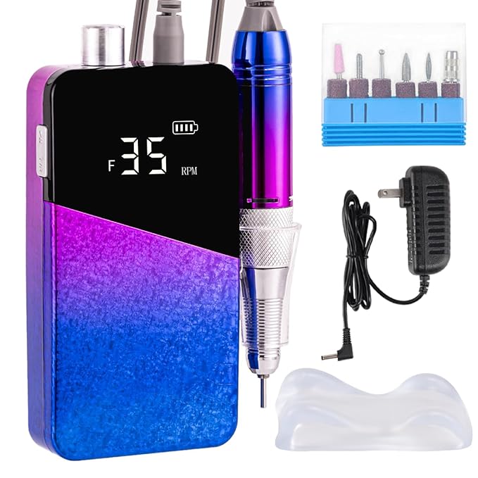 Electric Nail Drill Machine 35000RPM Professional Portable Nail File Cordless Rechargeable Nail Efile for Acrylic Gel Nails Manicure Pedicure Polishing Shape Tools for Salon Home Use Nail Drill(Blue)