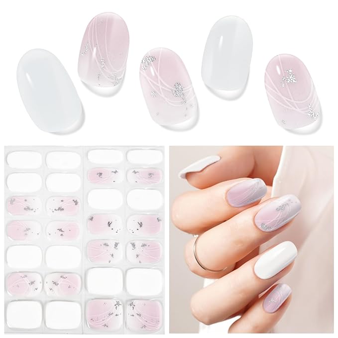 Semi Cured Gel Nail Strips, Orchid Fragrance | 28 pcs Chinese Style Gel Nail Strips Work with Any UV Lamp, Salon Quality New Chinese Nail Stickers, Include Prep Pads, Nail File&Wood Stick