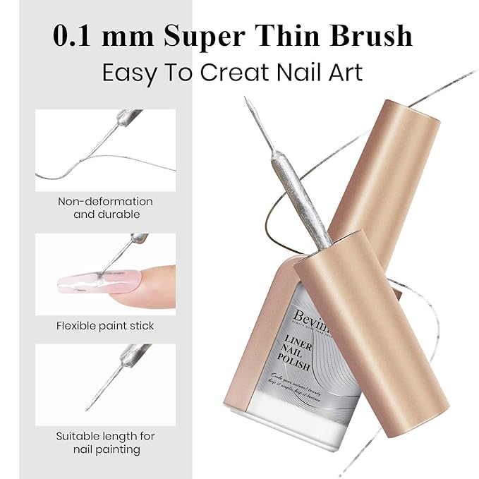 Nail Polish Liner Silver, Air Quick Dry, Chrome Metallic Nail Lacquer Non Gel liner Nail Art, Glitter Build in Thin Brush for Nail Design Polish Nail Decoration Dotting Painting, 12ML