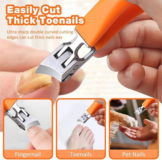 Wide Jaw Opening Anti-Splash Slanted Nail Clipper, 2025 Upgrade Fingernail and Toenail Clippers for Ingrown Nails, Curved Toenail Clipper Wide Jaw Toenail Clippers (Black+Orange)