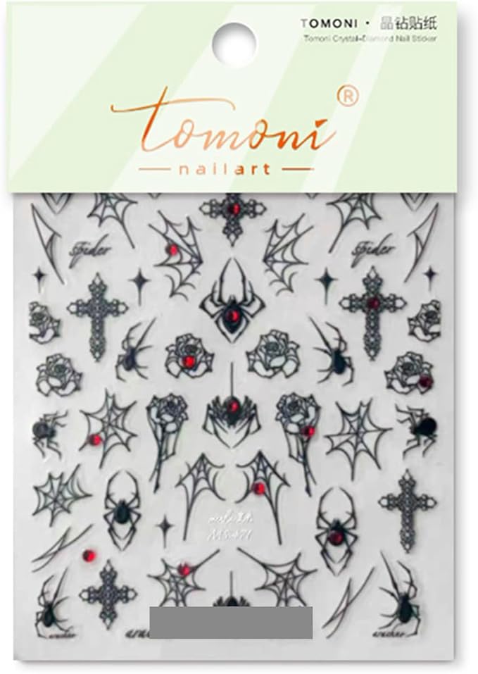 Halloween Nail Art Stickers Spider Web Spider Nail Decals 5D Crystal Diamond Nail Stickers Black Spider Web Spiders Cross Rose Nail Art Supplies Halloween Nail Accessories for Women Nails Decorations
